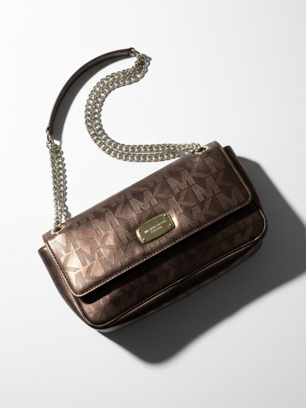 Michael Kors Metallic Bronze Perforated Logo Chain Shoulder Bag - Picture 7 of 16